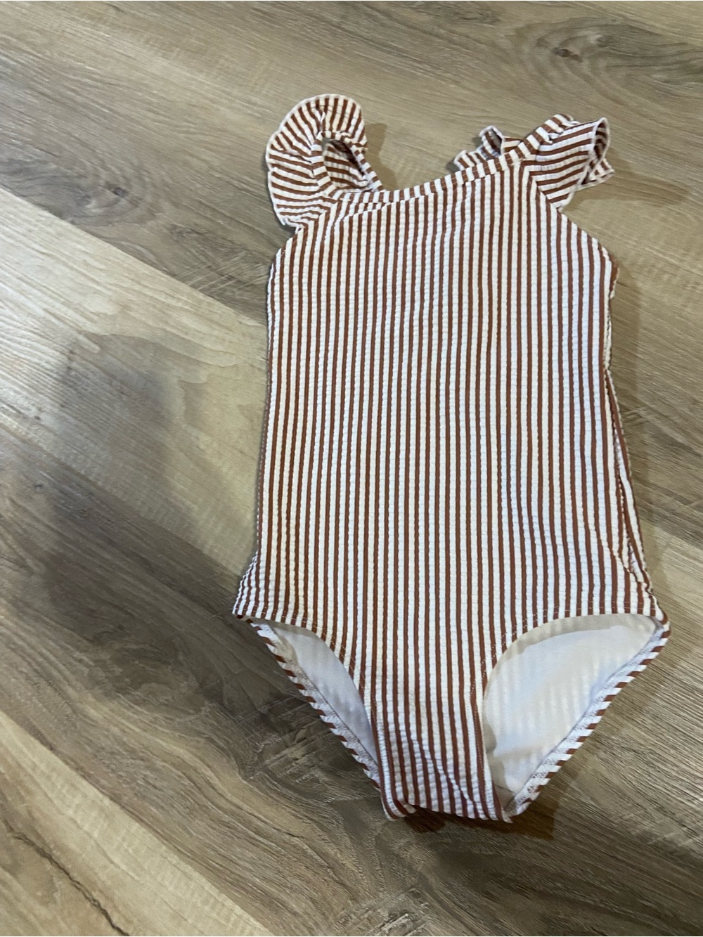H&M Girls Brown & White Striped Ruffle-Shoulder One-Piece Swimsuit
